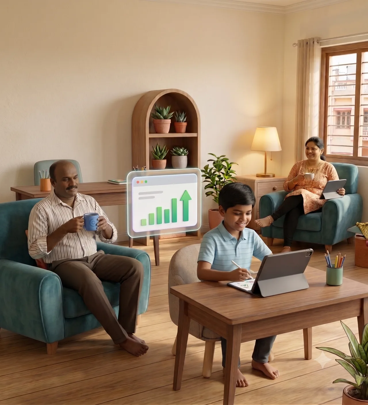 A parent relaxing while their child studies, with a weekly progress digest